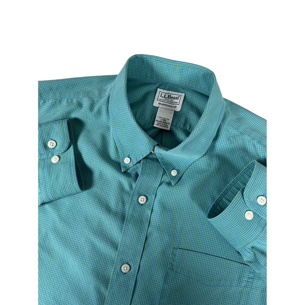 LL Bean 280475 Traditional Fit Button Down Shirt Mens L Teal Green Check